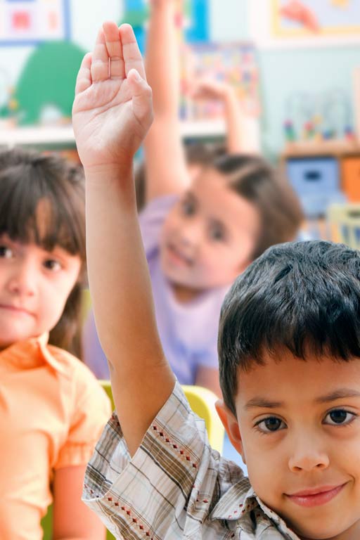 Students in a classroom raise their hands.